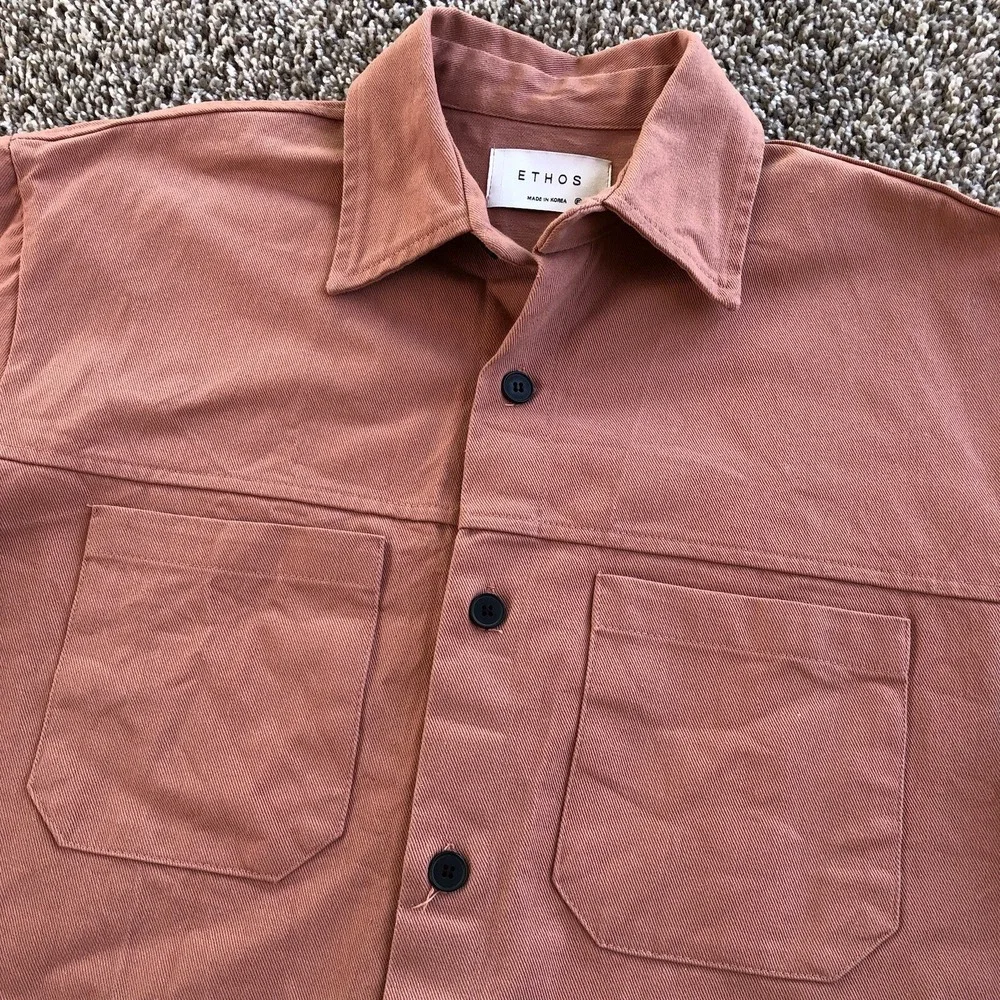 ETHOS Button Up Shirt Jacket Salmon Pink Oversized Long Sleeve Korean Streetwear - Picture 2 of 8